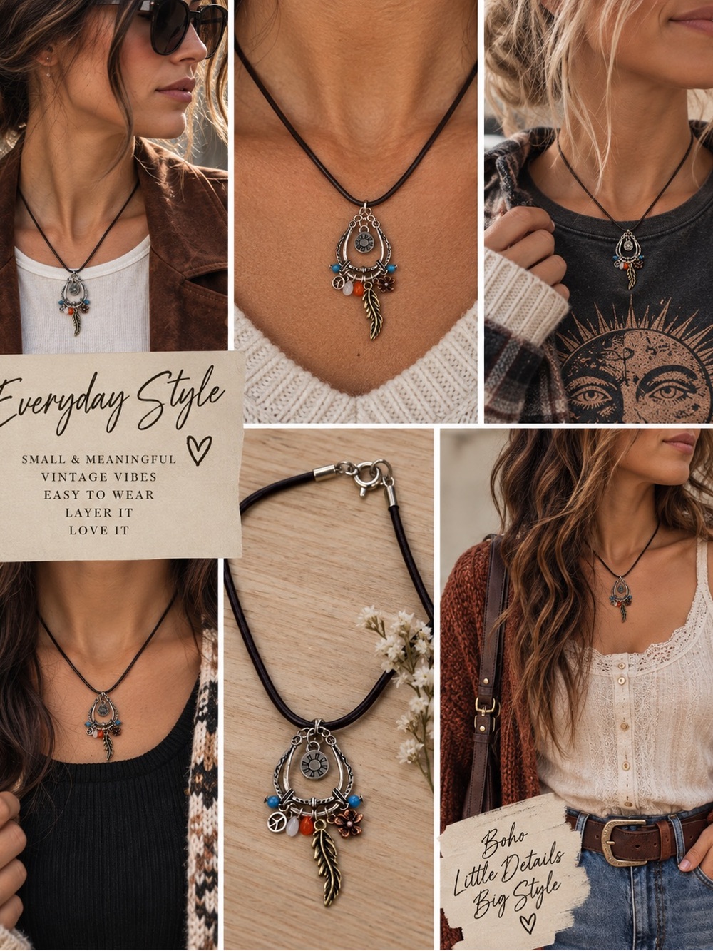 Boho Charm Necklace Feather Sun Peace Beads Brown Cord Statement Jewelry